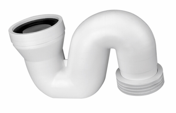 Weißer WC-Anschlusssiphon DN 100 aus Kunststoff mit S-förmiger Rohrführung, mit Steckmuffe und mit geradem Anschlussstück zur Verbindung von Toilette und Abwasserleitung